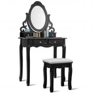 Giantex Vanity Dressing Table with Mirror and Stool, 360° Rotating Oval Makeup Mirror Classic Style Delicate Carved Cushioned Benches Wood Legs, Vanity Tables with Divided Drawers
