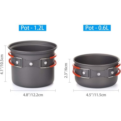  Odoland 6pcs Camping Cookware Mess Kit with Lightweight Pot, Stove, Spork and Carry Mesh Bag, Great for Backpacking Outdoor Camping Hiking and Picnic