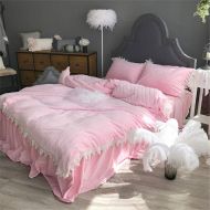 EVDAY Pink Korean Girls Bedding Sweet Candy Color Ultra Soft Short Plush Thick Winter Flannel Bedding Including 1Duvet Cover,1Bedskirt,2Pillowcases King Queen Full Twin Size