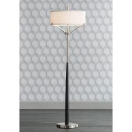 Avery Modern Floor Lamp Black and Brushed Steel Column White Linen Drum Shade for Living Room Reading Bedroom Office - 360 Lighting
