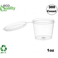 EcoQuality [300 Pack] 1 Oz Leak Proof Plastic Condiment Souffle Containers with Attached Lids - Portion Cup with Hinged Lid Perfect for Sauces, Samples, Slime, Jello Shot, Food Sto