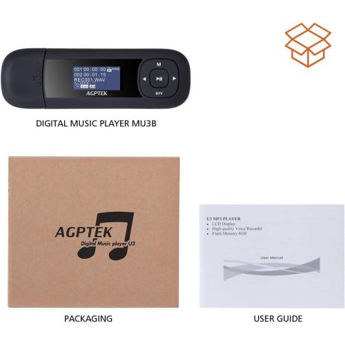  [아마존베스트]AGPTEK U3 USB Stick Mp3 Player, 8GB Music Player Supports Replaceable AAA Battery, Recording, FM Radio, Expandable Up to 128GB, Black