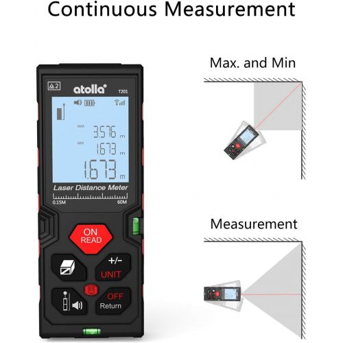  [아마존베스트]Laser Measure, atolla Laser Distance Meter (196Ft M/In/Ft) up to 60m/±2mm Accuracy with Mute Function, Waterproof IP54, Bubble Level, LCD Backlit for Pythagorean Mode, Measuring Di