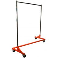 Metropolitan Display Deluxe Commercial Grade Rolling Z Rack Garment Rack with Nesting OSHA Safety Orange Base, 400lb Capacity, Single Bar and Adjustable Height Chrome Uprights