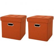 Glitzhome Foldable Linen Cube Storage Ottoman with Padded Seat (Orange Set of 2)