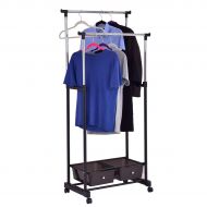 Tangkula Clothes Garment Rack Adjustable Heavy Duty Double Rail Folding Tower Shoes Clothing Storage Organizer with Wheels, Drawers and Shelves (28x17x63)