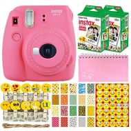 Fujifilm Instax Mini 9 Instant Camera (Flamingo Pink) + Fujifilm Instax Mini Twin Pack Instant Film (40 Shots) + Scrapbooking Album + 20 Sticker Frames Emoji Package + Emoji Photo