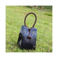 QTKJ Hand-woven Mini Retro Elephant Pattern Straw Handbag Bag Summer Beach Boho Rattan Travel Tote Bag with Wooden Beaded Tassel Pendant (Black)