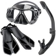 LVHC Snorkeling Package Set for Adults, Anti-Fog Coated Glass Diving Mask Snorkel with Silicon Mouth Piece, Anti-Splash Guard Short Swim Fins