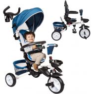 [아마존베스트]Kinbor Baby Tricycle 7 in 1 Foldable Steer Stroller with Learning Bike w/Detachable Guardrail, Adjustable Canopy, Safety Harness, Storage Bag, Brake, Shock Absorption Design for To