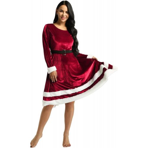  할로윈 용품ACSUSS Womens Soft Velvet Santa Claus Costume Christmas Cosplay Outfit Long Sleeve Midi Dress