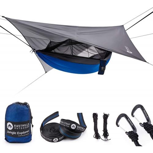  [아마존베스트]Easthills Outdoors Jungle Explorer Double Bug Net Camping Hammock Ripstop Parachute Nylon Camping & Outdoor Hammocks Tent with Waterproof Rainfly Tarp Blue