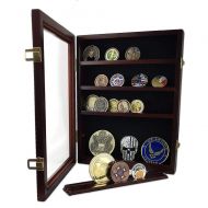 AtSKnSK Lockable LATCHES Military Challenge Coin Display Holder Casino Chip Cabinet Stand Rack Box with Glass Door - Mahogany Finish - Shelf Removable
