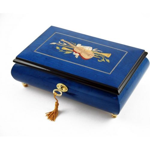  MusicBoxAttic Impressive Royal Blue Instrument and Floral Wood Inlay Musical Jewelry Box Many Songs to Choose Home on The Range