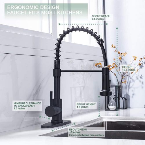  Kitchen Faucet, Kitchen Faucets with Pull Down Sprayer WEWE Sus304 Stainless Steel Matte Black Industrial Single Handle One Hole Or 3 Hole Faucet for Farmhouse Camper Laundry Utili
