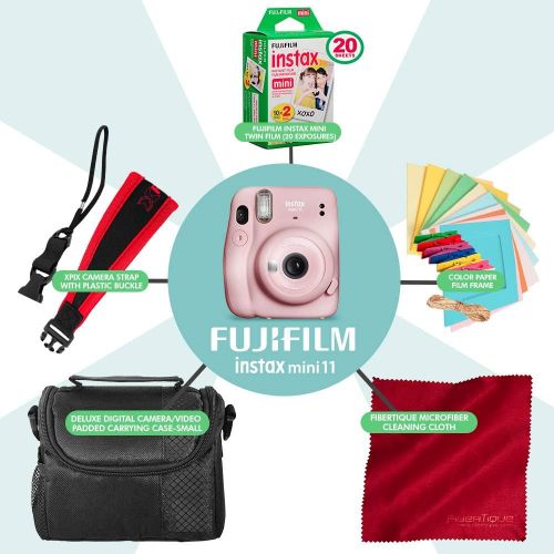 후지필름 FUJIFILM INSTAX Mini 11 Instant Film Camera (Blush Pink) + Fujifilm Instax Mini Twin Film (20 Exposures), Camera Carrying Case, Xpix Camera Strap & Funky Film Frames