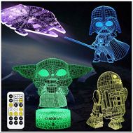 [아마존베스트]AOEVI Star Wars Gifts, Star Wars Toys 7 Colors Changing 3D Night Light for Kids Room Decor with Remote & Timer, (4 Patterns) Starwars Illusion Lamp Birthday Gifts for Boys Men Brot