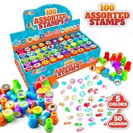 [아마존베스트]JOYIN 100 Pieces Assorted Stamps for Kids Self-ink Stamps (50 DIFFERENT Designs, Plastic Stamps, Emoji Stampers, Dinosaur Stampers, Zoo Safari Stampers) for Easter Egg Stuffers, Party Fa