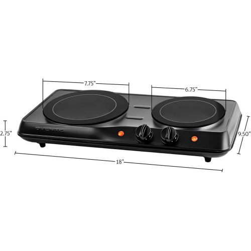  Ovente Electric Double Infrared Burner 7.75 & 6.75 Inch Ceramic Glass Hot Plates Cooktop, 5 Level Temperature Control & Easy Clean Stainless Steel Base, Portable Stove Dorm & Offic