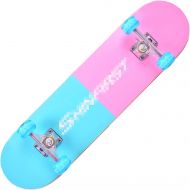 F&FSH Adult Skateboard, (Blue Pink Summer Pattern) Professional Four-Wheeled 31-inch A-Class Maple Double-Climbing Road Skateboard Suitable for Young Adults
