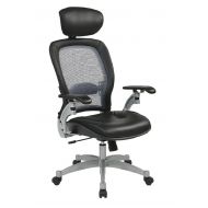 Office Star SPACE Seating Light AirGrid Back and Leather Seat, 2-to-1 Synchro Tilt Control, Adjustable Lumbar and Platinum Finish Base Executives Chair with Adjustable Headrest, Black