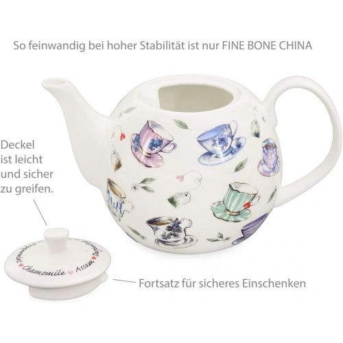  Buchensee Teeservice aus Fine Bone China Porzellan. Teekanne 1,5l mit stilvollem Tassendekor, 4 Teetassen und 4 Unterteller.