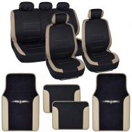 BDK Venice Car Seat Covers w/ Beige Vinyl Trim Floor Mats - Striped Beige Tan Accent on Black Cloth