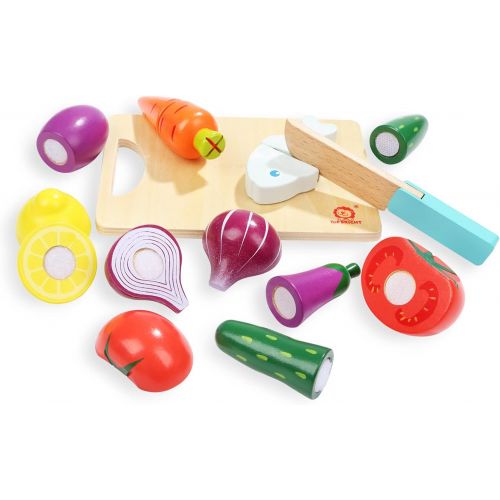  TOP BRIGHT Wooden Play Food for Kids Kitchen - Pretend Play Food Toy for Toddlers, Cutting Fruits and Vegetables Set for 2 3 Years Old Boy and Girl Birthday Gifts