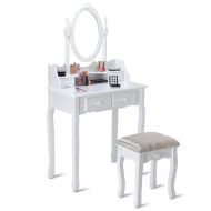 Giantex White Bathroom Vanity Jewelry Makeup Dressing Table Set W/Stool Mirror Wood Desk (4 Drawers)