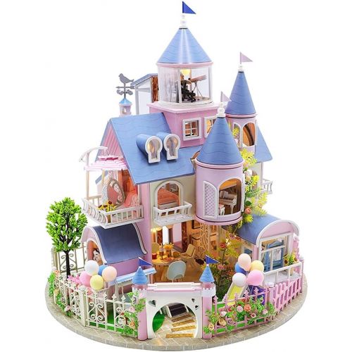  WYD-European Romantic Castle Miniature Dollhouse kit with LED Lights 3D Model Kit Wooden Dollhouse Furniture Boy Girl Birthday Xmas Gift