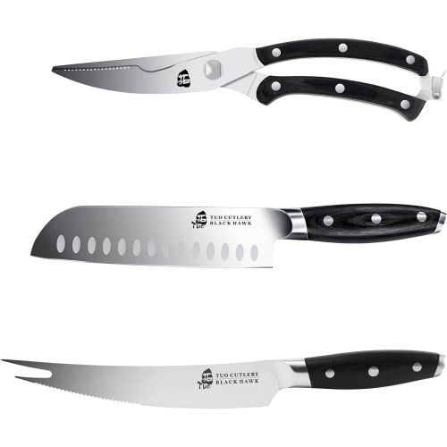  TUO BLACK HAWK Kitchen Knife 7 inch Santoku Knife & 8 inch Carving Knife Forks Barbecue Knife & Kitchen Shears Heavy Duty Food Scissors with Gift Box German HC Steel Full Tang