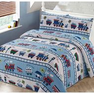 [아마존베스트]Better Home Style Red White and Blue Choo Choo Train Railroad Tracks Kids/Boys/Toddler Coverlet Bedspread Quilt Set with Pillowcases # Train (Twin)
