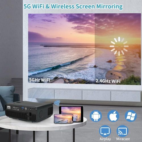  WIKISH Projector Native 1080p,5G WiFi Bluetooth Projector 5500 Lumen 200” Display for Outdoor Movie DVD Player 4K TV Laptop PS4,HDMI USB Projector Support Wireless Airplay Zoom 4D Keyston