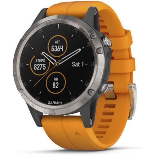 가민 Garmin fenix 5 Plus, Premium Multisport GPS Smartwatch, Features Color Topo Maps, Heart Rate Monitoring, Music and Contactless Payment, Titanium with Orange Band