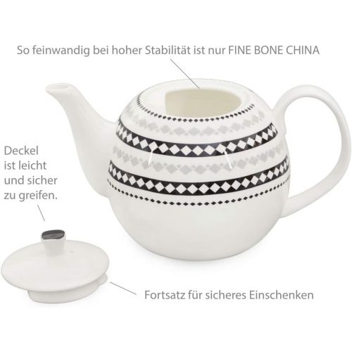  Buchensee Kaffeeservice aus Fine Bone China Porzellan. Tee- / Kaffeekanne 1,5l mit stilvollem Rautendekor, 6 Kaffeetassen, 6 Unterteller und Stoevchen.