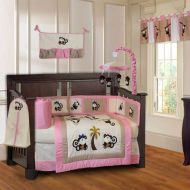 BabyFad Girls Pink Monkey 10-Piece Baby Girls Crib Bedding Set with Musical Mobile