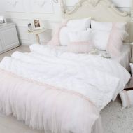 FADFAY Crystal Velvet Duvet Cover Set Soft Warm Winter Bedding Quilted Flannel Comforter Cover Set Princess Lace Girls Bedding, Full Size, White