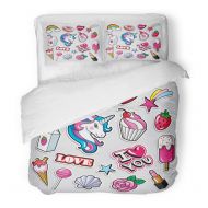 Emvency Bedding Duvet Cover Set Full/Queen (1 Duvet Cover + 2 Pillowcase) Unicorn Patch Badges in 80s 90s Style Sticker Donut Girl Fun Doodle Denim Heart Hotel Quality Wrinkle and