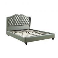 Benzara BM168650 Opulent Queen Wooden Bed with Pu Tufted Headboard Silver