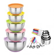 Zonegrace Stainless Steel Nesting Mixing Bowls with Lids and Measuring Cups Spoons Set, Non-Slip Silicone Bottom, for Mixing & Beating, Stackable Storage (1.5, 2.0, 3.0, 4.0, 5.0 q