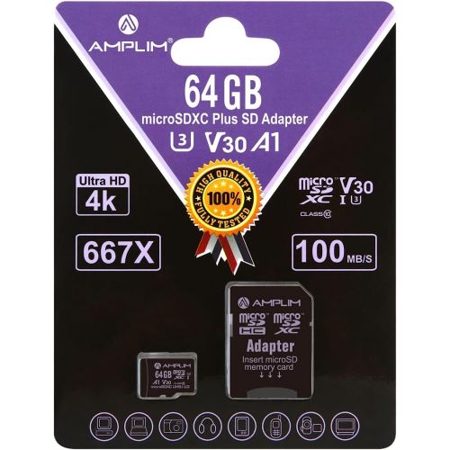  Amplim 64GB Micro SD Card, Extreme High Speed MicroSD Memory Plus Adapter, MicroSDXC SDXC U3 Class 10 V30 UHS-I TF Nintendo-Switch, Go Pro Hero, Surface, Phone Galaxy, Camera Secur