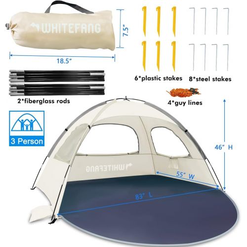  WhiteFang Beach Tent Anti-UV Portable Sun Shade Shelter for 3 Person, Extendable Floor with 3 Ventilating Mesh Windows Plus Carrying Bag, Stakes and Guy Lines