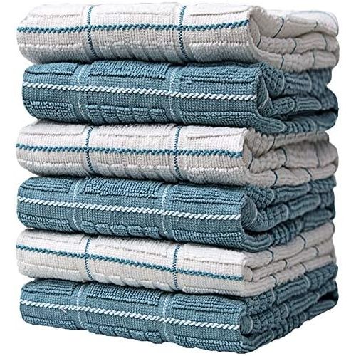  [아마존베스트]Bumble Towels Premium Kitchen Towels (16”x 26”, 6 Pack)  Large Cotton Kitchen Hand Towels  Window Pane Design  435 GSM Highly Absorbent Tea Towels Set with Hanging Loop  Aqua