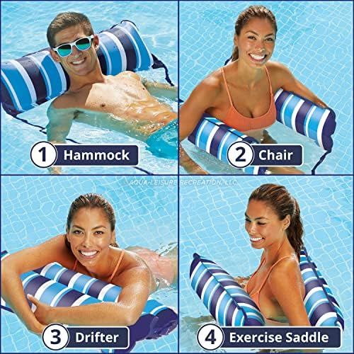  Aqua 4-in-1 Monterey Hammock XL (Longer/Wider) Inflatable Pool Chair, Adult Pool Float (Saddle, Lounge Chair, Hammock, Drifter), Water Hammock, Navy/White Stripe