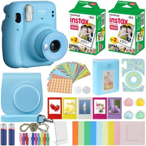 후지필름 Fujifilm Instax Mini 11 Instant Camera Sky Blue + MiniMate Accessories Bundle + Fuji Instax Film Value Pack (40 Sheets) Accessories Bundle, Color Filters, Album, Frames