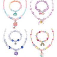 PinkSheep Girl Kids Jewelry Beads Necklace Bracelet with Unicorn Mermaid Princess Pendants Colorful Beaded Necklace Bracelet Stretchy Chunky Costume Jewelry Present Toy