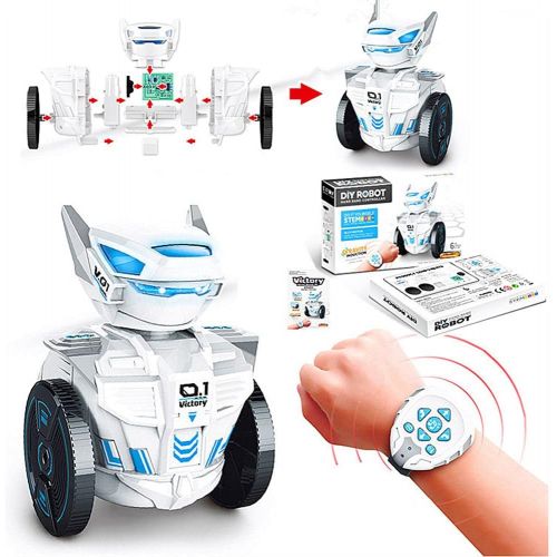  WZRYBHSD 360° Rotating Induction Robot Toy 2.4Ghz Watch Remote Control Car Robot Assemble DIY RC Stunt Car with Lights Music for 3-12 Years Old Children Boys & Kids Christmas Birth