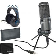 Audio-Technica AT2020USB+ Cardioid Condenser USB Microphone + Professional Studio Reference Headphones + Cleaning Cloth - Deluxe Mic Bundle