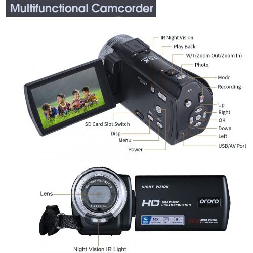  [아마존베스트]Camcorders ORDRO HDV-V12 HD 1080P Video Camera Recorder Infrared Night Vision Camera Camcorders with 16G SD Card and 2 Batteries