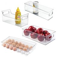 InterDesign 4-Piece Fridge, Freezer Binz Set: Egg Holder, Condiment Caddy with Handles for Kitchen Storage Organization - Clear